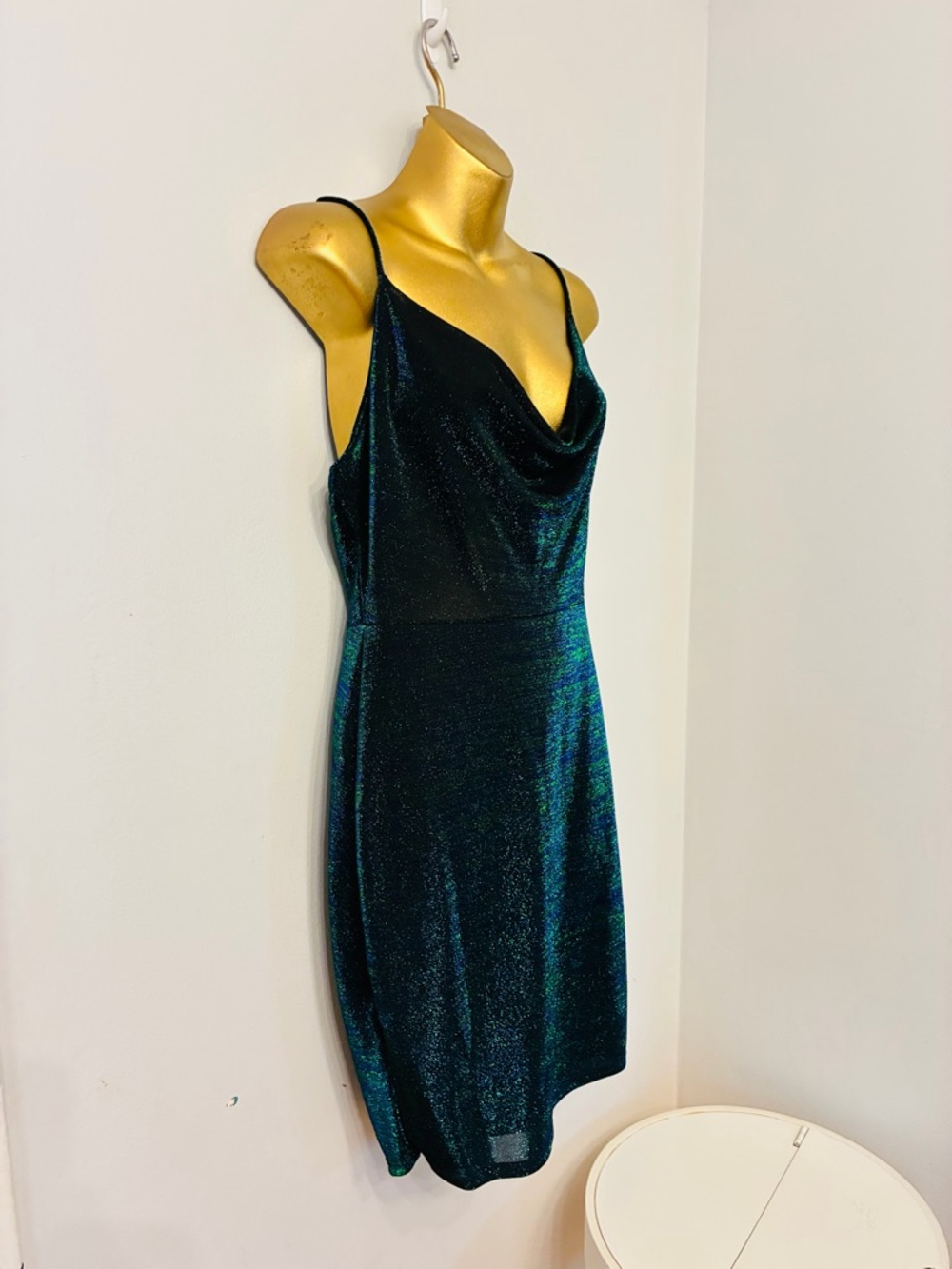 Charlotte Russe Shimmer Cowl Neck Mini Dress – Teal Black – Medium - Picture 3 of 6